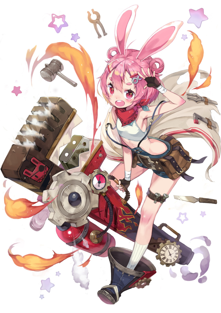 1girl :d absurdres animal_ears belt boots brown_footwear clock fingerless_gloves flamethrower flat_chest gas_tank gauge gears gloves hair_ornament hair_rings hairclip hammer highres mallet midriff official_art open_mouth pink_eyes pink_hair pliers rabbit_ears rennie_(teria_saga) screw short_hair smile socks solo standing star suspenders teria_saga thrower tongs tools utility_belt weapon white_footwear wrench