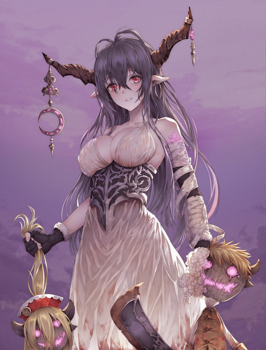 1girl absurdres asymmetrical_gloves bandage bangs bare_shoulders breasts commentary_request corset danua doll draph dress earrings elbow_gloves fingerless_gloves fingernails gloves granblue_fantasy gretel_(granblue_fantasy) hansel_(granblue_fantasy) highres holding horn_ornament horns jewelry large_breasts long_hair looking_at_viewer myless parted_lips pointy_ears red_eyes simple_background single_elbow_glove single_glove sleeveless solo