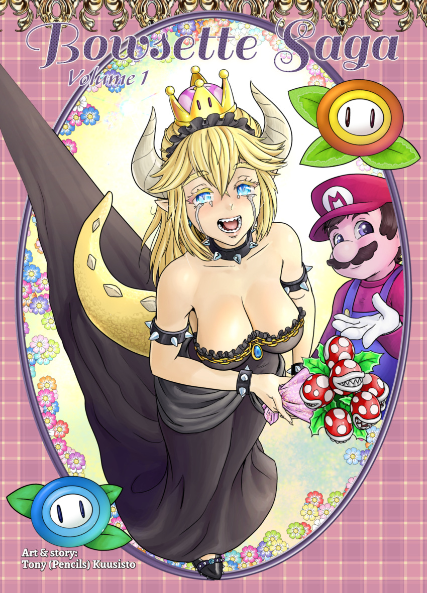 1boy 1girl black_dress blonde_hair bouquet bowsette breasts cleavage cover cover_page crying dress fire_flower gem highres horns ice_flower mario super_mario_bros. nintendo pencils_(artist) piranha_plant sharp_teeth spiked_armlet spiked_bracelet spiked_collar super_crown tail tongue tumblr_username