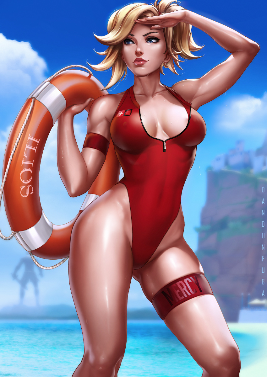 1girl absurdres alternate_costume armpits artist_name beach blonde_hair blue_eyes breasts closed_mouth dandon_fuga day erect_nipples eye_of_horus high_ponytail highleg highleg_swimsuit highres jewelry lifebuoy lifeguard lips looking_afar medium_breasts mercy_(overwatch) necklace no_wings one-piece_swimsuit overwatch paid_reward patreon_reward shading_eyes solo swimsuit thigh_strap whistle