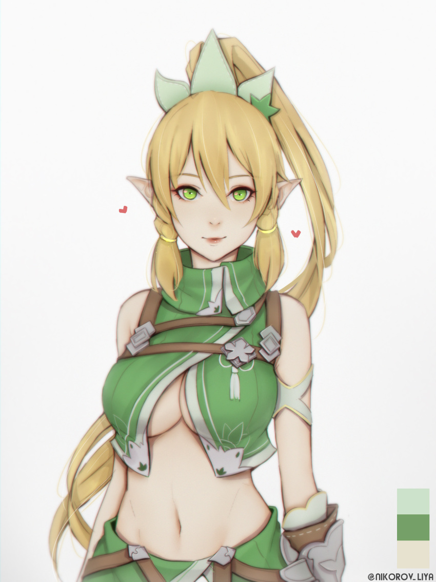 1girl absurdres artist_name bare_shoulders belt blonde_hair braid breasts chest_strap elf green_eyes hair_between_eyes hair_ornament heart highres large_breasts leafa light_smile liya_nikorov long_hair looking_at_viewer midriff navel no_bra pointy_ears ponytail red_lips sword_art_online twin_braids under_boob very_long_hair