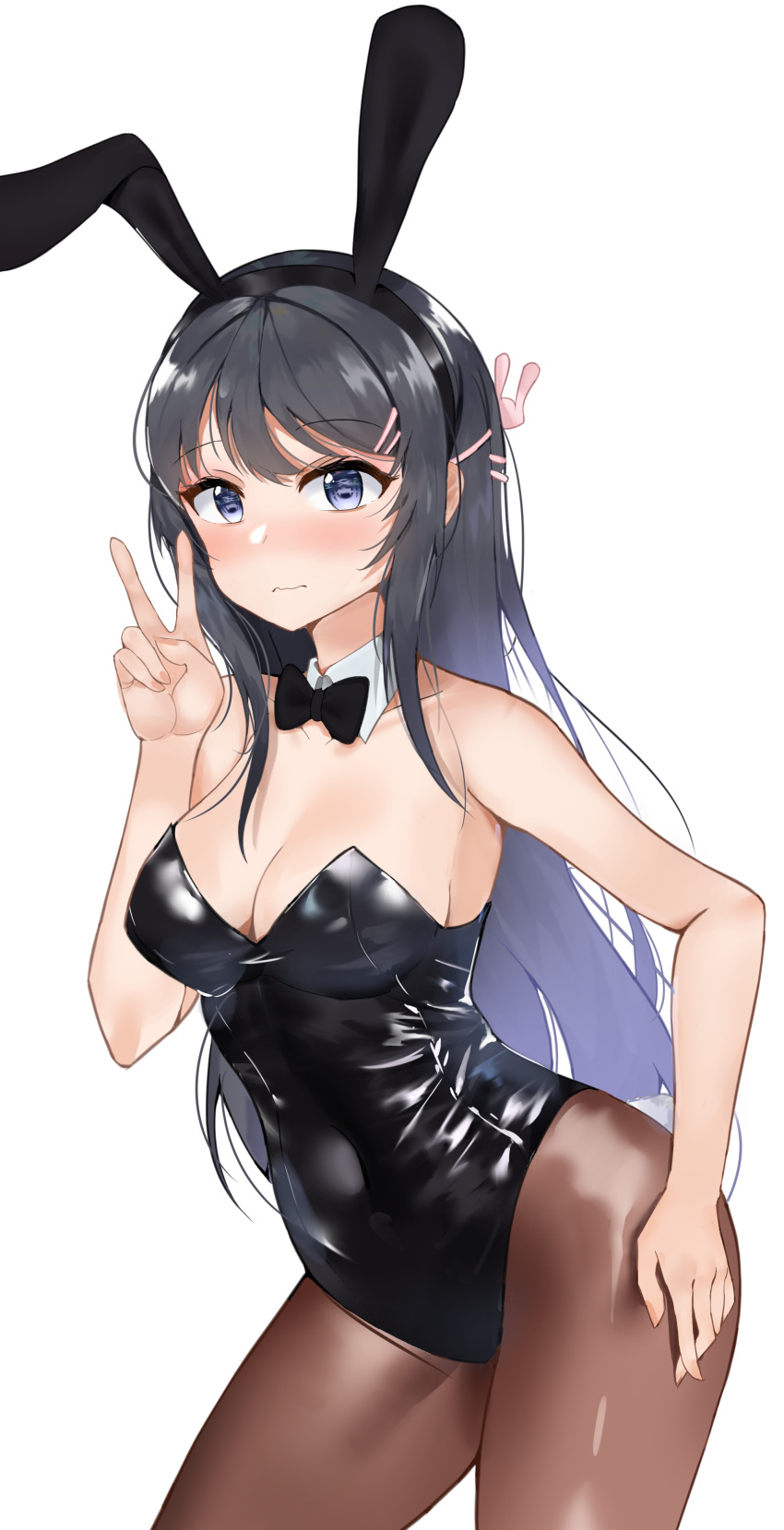 1girl absurdres animal_ears black_hair black_legwear black_leotard black_neckwear bow bowtie brown_legwear bunny_girl bunnysuit detached_collar hair_ornament hairclip highres leotard long_hair looking_at_viewer pantyhose rabbit_ears refile sakurajima_mai seishun_buta_yarou solo strapless strapless_leotard violet_eyes