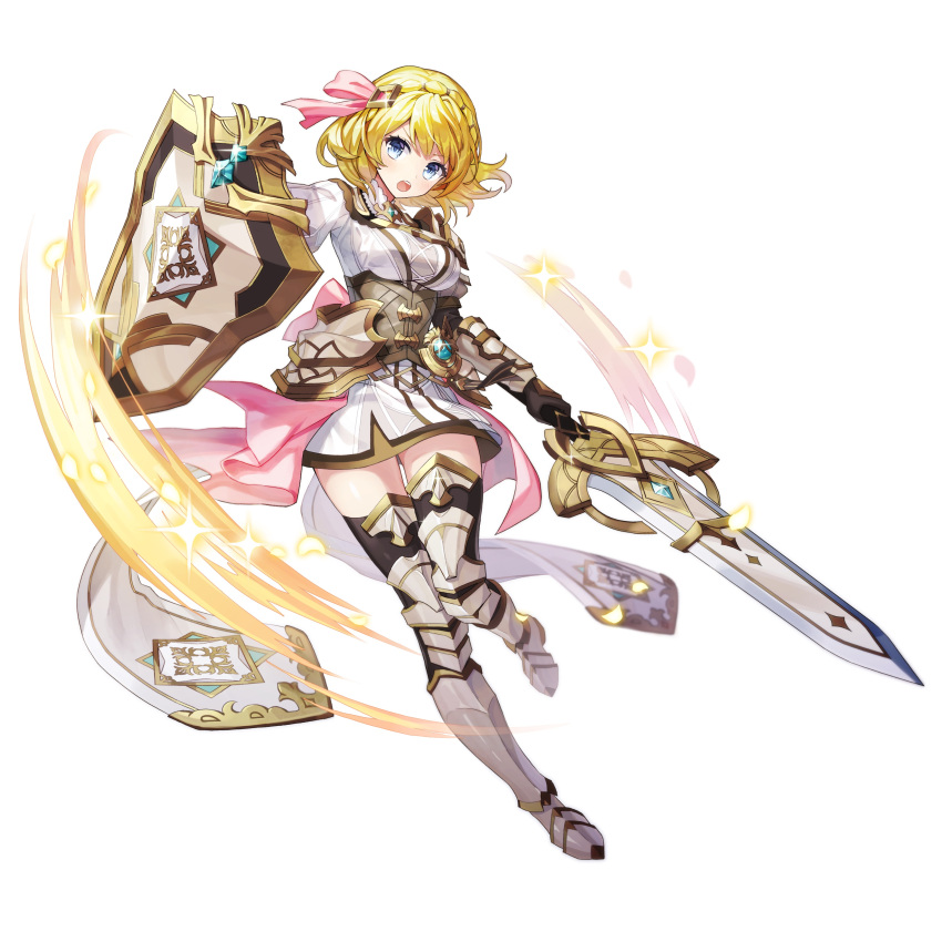 1girl :d absurdres armor black_gloves blonde_hair blue_eyes bow braid full_body gem gloves greaves hair_bow highres jeanne_(teria_saga) looking_at_viewer official_art open_mouth pink_bow shield short_hair simple_background skirt smile solo sword teria_saga weapon white_background white_skirt