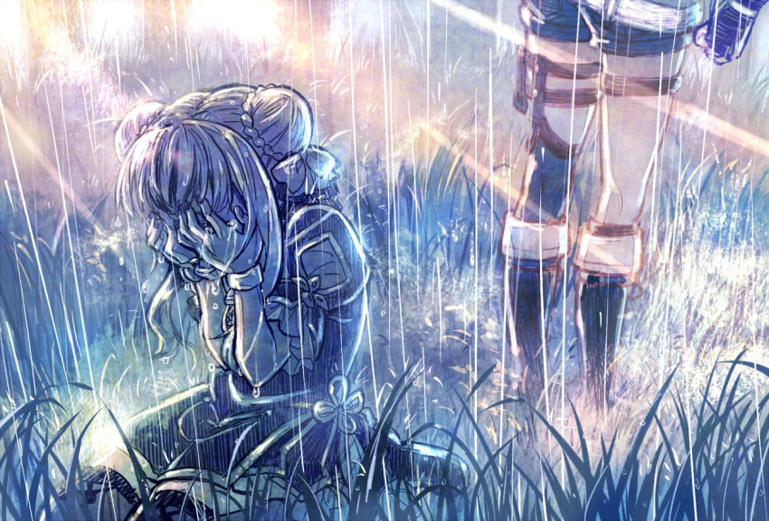 2girls bow commentary_request covering_face crying double_bun fingerless_gloves gloves grass hair_bow himehina_channel leg_strap multiple_girls outdoors puffy_short_sleeves puffy_sleeves rain sakino_shingetsu short_hair short_sleeves shorts sitting standing suzuki_hina tanaka_hime virtual_youtuber
