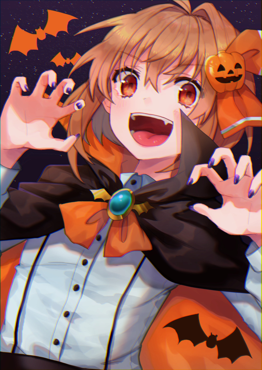 13_(spice!!) 1girl :d animal_print bangs bat bat_print black_cloak blonde_hair blue_nails blush brooch buttons character_request chromatic_aberration cloak evil_smile eyebrows_visible_through_hair fang halloween halloween_costume hands_up highres jack-o'-lantern jewelry long_sleeves looking_at_viewer nail_polish open_mouth orange_eyes orange_neckwear orange_ribbon outstretched_hand pumpkin purple_nails ribbon rumia shirt short_hair sidelocks sky smile solo star_(sky) starry_sky teeth tongue touhou upper_body white_shirt