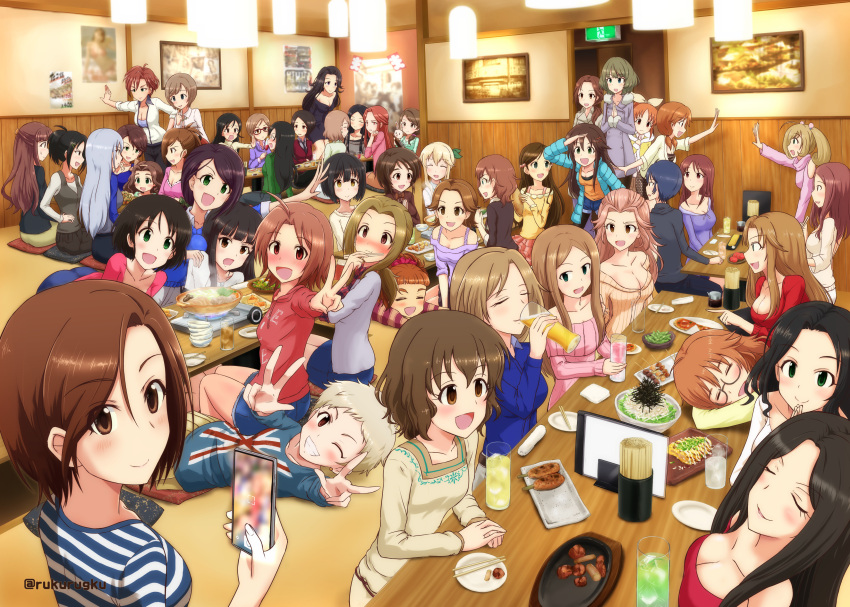 abe_nana absurdres aihara_yukino aikawa_chinatsu araki_hina beer_mug cellphone chopsticks clarice_(idolmaster) drunk etou_misaki_(idolmaster) exit_sign hamakawa_ayuna harada_miyo hattori_touko helen_(idolmaster) highres hiiragi_shino himekawa_yuki hyoudou_rena idolmaster idolmaster_cinderella_girls ijuuin_megumi katagiri_sanae kate_(idolmaster) kawashima_mizuki kiba_manami kurokawa_chiaki kusakabe_wakaba long_hair manabe_itsuki manaka_misato matsumoto_sarina matsuyama_kumiko mifune_miyu mochida_arisa multiple_girls namiki_meiko oonishi_yuriko oota_yuu phone rukurugku saitou_youko satou_shin sawada_marina senzaki_ema shinohara_rei short_hair smartphone souma_natsumi tagme takafuji_kako takagaki_kaede takahashi_reiko takamine_noa tavern tougou_ai wakui_rumi yamato_aki yanagi_kiyora zaizen_tokiko