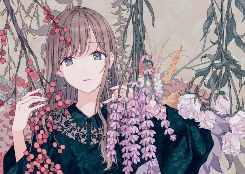 1girl bangs blue_eyes breasts brown_hair commentary earrings english_commentary eyebrows_visible_through_hair fingernails floral_background floral_print flower flower_request hiten_(hitenkei) jewelry long_hair looking_at_viewer nail_polish original parted_lips small_breasts solo upper_body