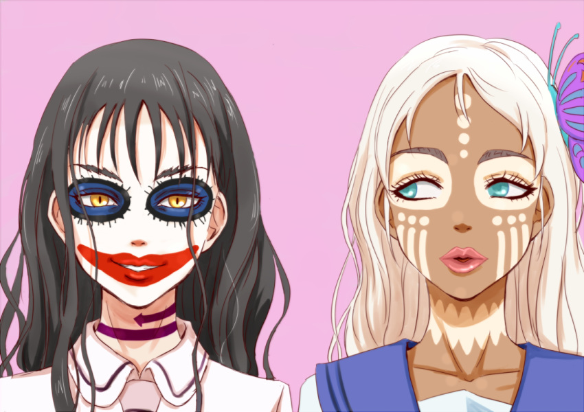 2girls anbj asobi_asobase bangs black_hair blue_sailor_collar brown_eyes butterfly_hair_ornament closed_mouth collarbone collared_shirt green_eyes grin hair_between_eyes hair_down hair_ornament honda_hanako long_hair looking_at_another looking_at_viewer lord_of_pastimers makeup multiple_girls parted_lips pink_background sailor_collar school_uniform shirt sidelocks simple_background smile upper_body very_long_hair wavy_hair white_hair white_shirt