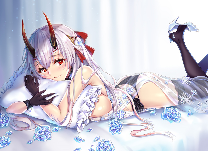 1girl artoria_pendragon_(all) artoria_pendragon_(lancer_alter) artoria_pendragon_(lancer_alter)_(cosplay) ass bangs bare_shoulders black_gloves black_legwear black_panties blush breasts choker closed_mouth cosplay fate/grand_order fate_(series) garter_belt gloves hair_between_eyes hair_ribbon high_heels large_breasts leg_up long_hair looking_at_viewer lying on_stomach oni_horns panties pillow pillow_hug red_eyes red_ribbon ribbon royal_icing see-through silver_hair smile snowflake_print solo thigh-highs thighs tomoe_gozen_(fate/grand_order) underwear yuemanhuaikong