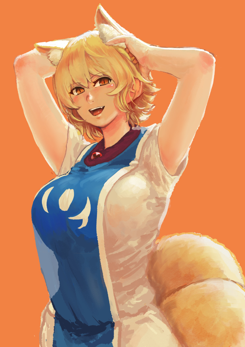 1girl :d animal_ear_fluff animal_ears blonde_hair breasts chanta_(ayatakaoisii) fang fox_ears fox_tail hands_up highres large_breasts looking_at_viewer multiple_tails open_mouth orange_background orange_eyes shirt short_hair short_sleeves slit_pupils smile solo tabard tail touhou white_shirt yakumo_ran