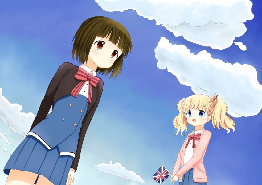 2girls alice_cartelet black_jacket blonde_hair blue_eyes blue_shirt blue_skirt blue_sky bow bowtie brown_eyes brown_hair cardigan clouds commentary_request cowboy_shot dutch_angle flag from_below hair_bobbles hair_ornament holding holding_flag jacket kin-iro_mosaic long_sleeves looking_at_another looking_to_the_side multiple_girls oomiya_shinobu open_cardigan open_clothes outdoors pink_cardigan pleated_skirt red_neckwear sanku_ci school_uniform shirt short_hair skirt sky smile striped striped_neckwear two_side_up union_jack v_arms