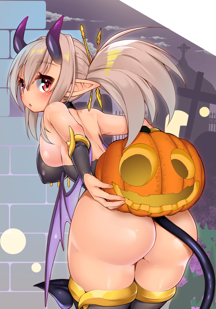1girl ass bare_back bare_shoulders black_choker blush breasts choker clouds commentary_request cowboy_shot cross demon_girl demon_horns demon_tail demon_wings eyebrows_visible_through_hair fingernails from_behind grey_hair hair_between_eyes hair_ornament hairpin halloween highres hobby_(kento) holding horns jack-o'-lantern large_breasts leotard looking_at_viewer looking_back night night_sky original outdoors parted_lips ponytail sky solo standing succubus tail thigh-highs wings wristband