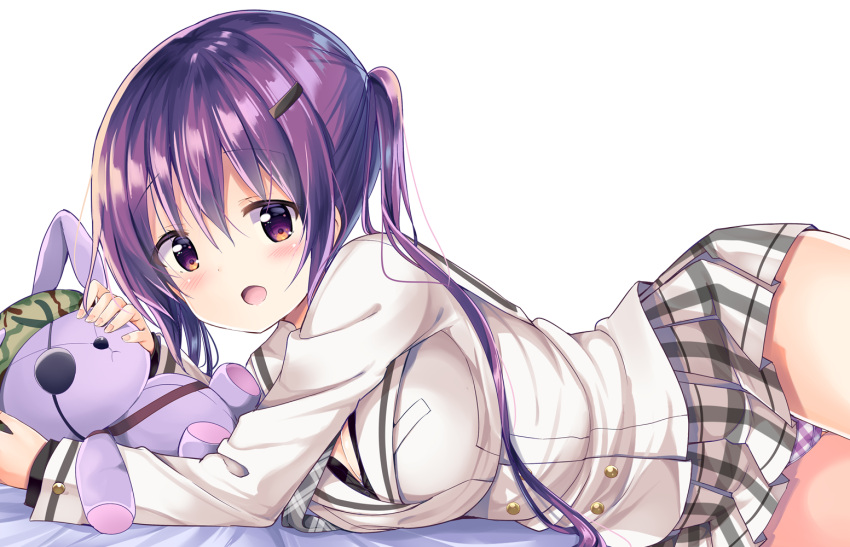 1girl :d bed_sheet commentary_request eyepatch gochuumon_wa_usagi_desu_ka? hair_ornament hairclip jacket kurou_(quadruple_zero) long_hair long_sleeves looking_at_viewer lying necktie on_side open_mouth panties pantyshot plaid plaid_neckwear plaid_panties pleated_skirt purple_hair school_uniform simple_background skirt smile solo stuffed_animal stuffed_bunny stuffed_toy tedeza_rize tedeza_rize's_school_uniform twintails underwear violet_eyes white_background white_jacket