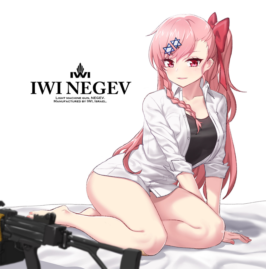 1girl bangs bare_legs blush bow braid breasts character_name collarbone collared_shirt eyebrows_visible_through_hair girls_frontline gun hair_between_eyes hair_bow hair_ornament hair_ribbon hairclip hexagram highres imi_negev israel long_hair looking_at_viewer machine_gun medium_breasts nail_polish narynn negev_(girls_frontline) one_side_up open_mouth pink_hair pink_nails reclining red_bow red_eyes red_ribbon ribbon shirt simple_background sleeves_folded_up smile solo star_of_david tank_top tsurime twitter_username weapon white_background white_shirt