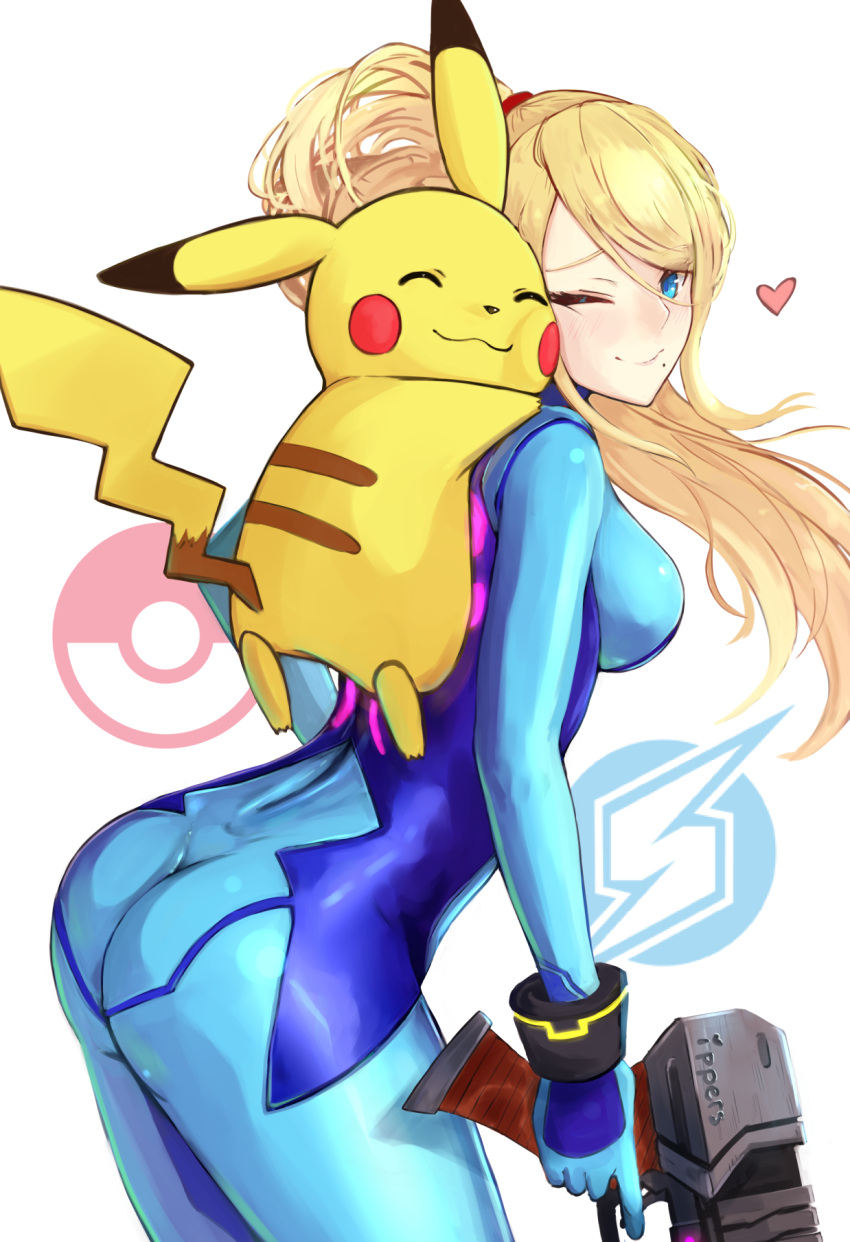 1girl :3 artist_name ass blonde_hair blue_eyes blush bodysuit bracelet breasts cheek-to-cheek closed_mouth creatures_(company) game_freak gen_1_pokemon gun heart highres impossible_bodysuit impossible_clothes ippers jewelry long_hair looking_back medium_breasts metroid mole mole_under_mouth nintendo one_eye_closed pikachu poke_ball pokemon pokemon_(creature) ponytail samus_aran simple_background smile super_smash_bros. very_long_hair weapon white_background zero_suit