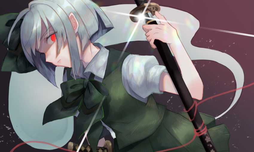 13_(spice!!) 1girl arm_up bob_cut bow bowtie closed_mouth glint glowing glowing_eyes gradient gradient_background green_neckwear green_vest konpaku_youmu konpaku_youmu_(ghost) looking_at_viewer profile puffy_short_sleeves puffy_sleeves rainbow ready_to_draw red_eyes red_string serious shiny shiny_hair shirt short_sleeves sidelocks silver_hair sketch solo string touhou vest white_shirt