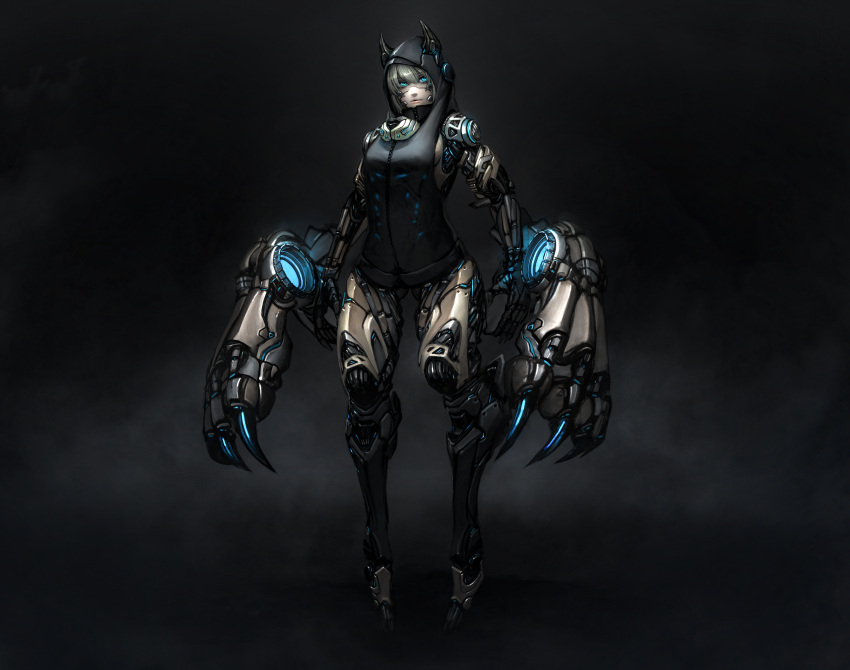 1girl 83k3939 absurdres blonde_hair blue_eyes claws cyborg glowing glowing_eyes gluteal_fold highres hood hood_up hoodie mask mask_removed mecha_musume mechanical_horns original parts_exposed pigeon-toed robot_joints science_fiction simple_background zipper