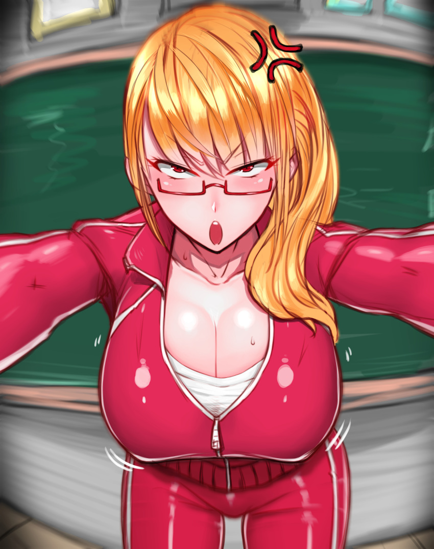 1girl absurdres anger_vein angry blonde_hair breasts chalkboard cleavage commentary_request highres large_breasts long_hair looking_at_viewer open_mouth original red-framed_eyewear red_eyes solo standing wolffeld zipper