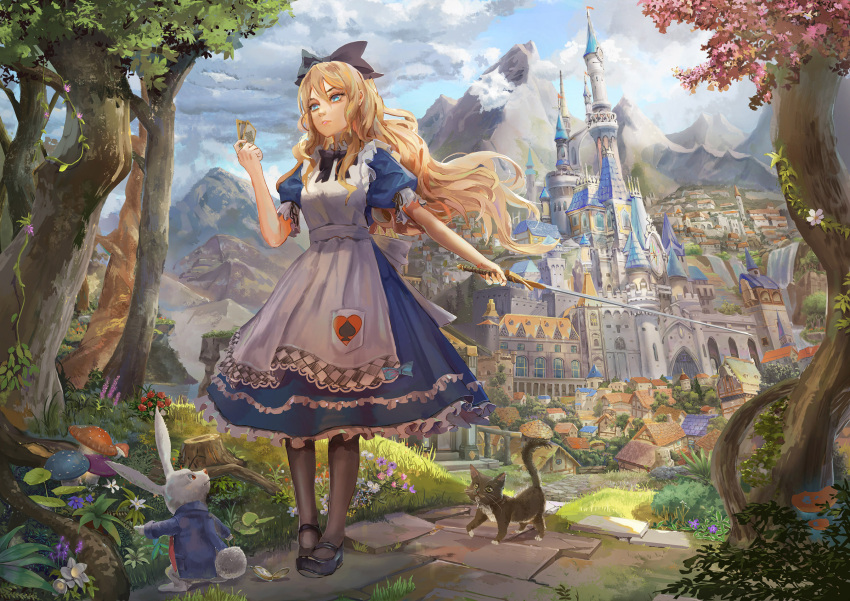 1girl alice_(wonderland) alice_in_wonderland apron black_bow black_cat blonde_hair blue_dress blue_eyes blue_sky bow card castle cat closed_mouth clouds cloudy_sky commentary_request day dress flower grass hair_bow highres holding holding_sword holding_weapon long_hair mushroom original outdoors path puffy_short_sleeves puffy_sleeves rayxray road short_sleeves sky solo sword tree_stump treee weapon white_apron white_rabbit