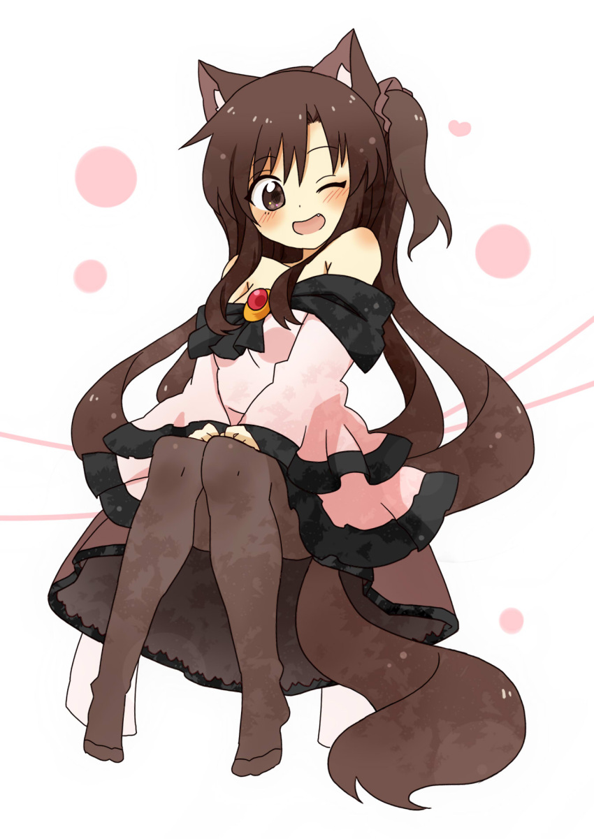 1girl ;d animal_ear_fluff animal_ears bangs blush breasts brown_eyes brown_hair brown_legwear brown_scrunchie commentary_request dress eyebrows_visible_through_hair fang full_body hair_between_eyes hair_ornament hair_scrunchie head_tilt heart highres imaizumi_kagerou long_hair long_sleeves no_shoes off-shoulder_dress off_shoulder one_eye_closed one_side_up open_mouth pantyhose pink_dress scrunchie sitting small_breasts smile solo tail totoharu_(kujirai_minato) touhou very_long_hair wide_sleeves wolf_ears wolf_girl wolf_tail