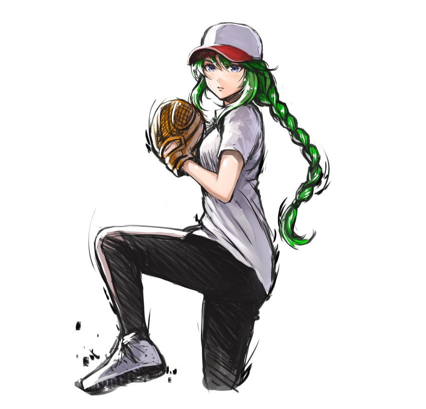 1girl ass bangs baseball baseball_cap baseball_glove black_pants blue_eyes braid breasts collared_shirt copyright_request green_hair hair_between_eyes hat highres jchoy long_hair pants shirt shoes short_sleeves simple_background single_braid sketch small_breasts solo standing standing_on_one_leg v-shaped_eyebrows very_long_hair white_background white_footwear white_hat white_shirt