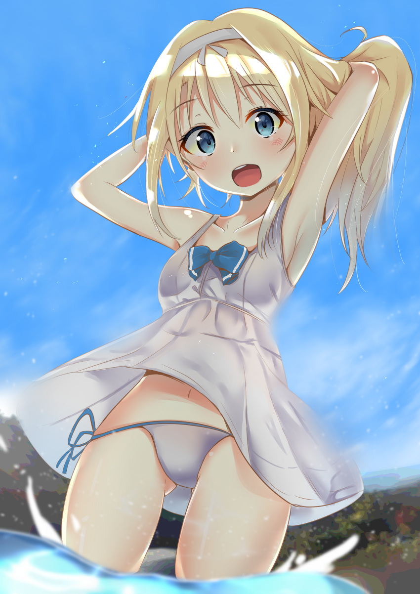 1girl :d alice_schuberg armpits arms_up ass_visible_through_thighs bangs bare_arms bare_shoulders blonde_hair blue_bow blue_eyes blue_sky blush bow breasts cac_itinose clouds collarbone commentary_request day dress eyebrows_visible_through_hair hair_between_eyes hairband hands_in_hair head_tilt highres long_hair navel open_mouth outdoors panties round_teeth side-tie_panties sky sleeveless sleeveless_dress small_breasts smile solo standing sundress sword_art_online teeth underwear upper_teeth water white_dress white_hairband white_panties