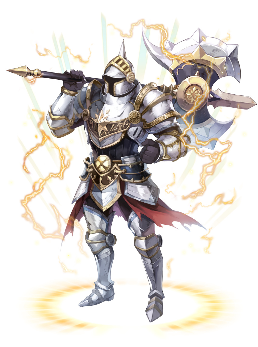 1boy absurdres armor axe black_gloves boots clenched_hand electricity facing_viewer full_body gloves grey_footwear highres male_focus official_art over_shoulder shoulder_armor spiked_helmet standing teria_saga visor_lift white_background