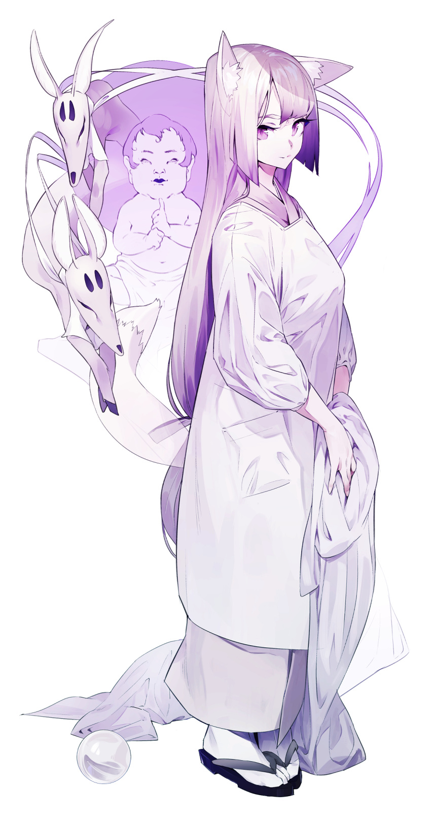 1girl animal_ears apron closed_mouth commentary_request fox_ears fox_mask from_side full_body highres holding japanese_clothes kamameshi_gougoumaru kimono long_hair long_sleeves looking_at_viewer mask monochrome original purple sandals simple_background slit_pupils smile solo standing tabi very_long_hair violet_eyes white_background white_legwear