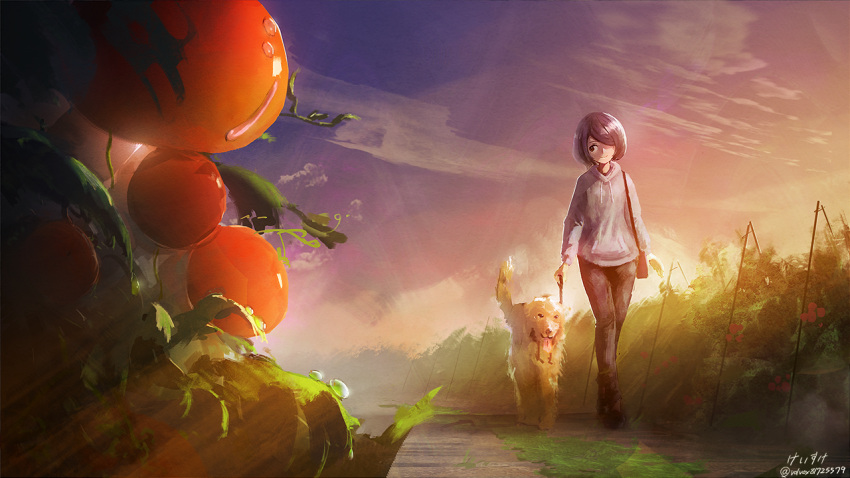 1girl bag black_hair blurry clouds depth_of_field dew_drop dog farm hair_over_one_eye handbag hood hoodie leash looking_to_the_side original outdoors path plant road scenery short_hair signature sky solo sunrise tomato twitter_username vines volvox819 walking water_drop