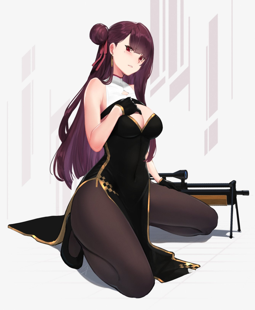 1girl bangs bare_shoulders bipod black_dress black_footwear black_gloves black_legwear blush breasts bullpup china_dress chinese_clothes cleavage dress earrings girls_frontline gloves gun hair_ribbon half_updo hand_on_own_chest hayabusa highres jewelry kneeling large_breasts long_hair looking_at_viewer mole mole_under_eye one_side_up pantyhose parted_lips pelvic_curtain purple_hair red_eyes ribbon rifle shoes side_bun sidelocks sniper_rifle solo tsurime very_long_hair wa2000_(girls_frontline) walther walther_wa_2000 weapon