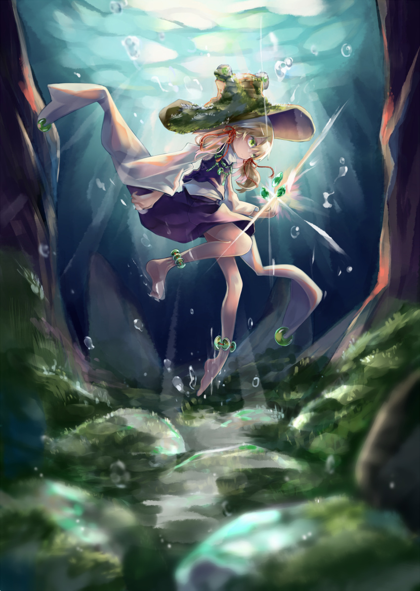 1girl absurdres air_bubble anklet bad_anatomy bare_legs blonde_hair brown_hat bubble commentary_request green_eyes hair_ribbon hat highres jewelry long_hair long_sleeves moriya_suwako moss necklace purple_skirt purple_vest red_ribbon ribbon sidelocks skirt skirt_set solo touhou tress_ribbon turtleneck underwater vest wide_sleeves zhu_xiang