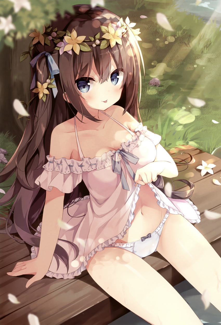 1girl :p absurdres arm_support bangs bench blue_eyes blue_panties blue_ribbon blurry blurry_foreground bow bow_panties bra_strap breasts brown_hair cleavage closed_mouth collarbone dappled_sunlight day depth_of_field dress frilled_dress frilled_panties frills grass hair_ribbon head_wreath highres hoshi_(snacherubi) lens_flare lifted_by_self light_blush long_hair looking_at_viewer medium_breasts off-shoulder_dress off_shoulder one_side_up original outdoors panties petals pink_dress ribbon short_dress sitting smile solo sunlight thighs tongue tongue_out underwear