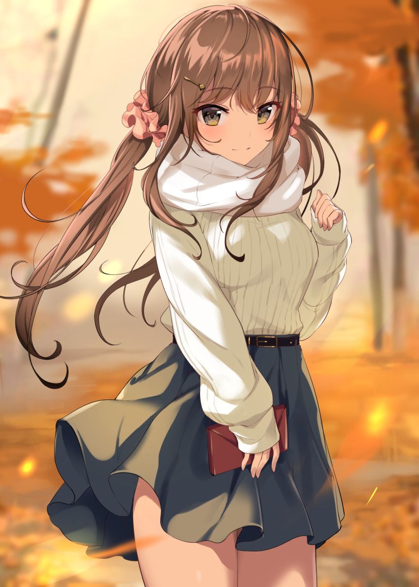 1girl bangs belt belt_buckle black_skirt blurry blurry_background blush breasts brown_eyes brown_hair buckle closed_mouth commentary_request cowboy_shot depth_of_field eyebrows_visible_through_hair floating_hair hair_ornament hair_scrunchie hairclip highres holding ikomochi legs_together long_hair long_sleeves looking_at_viewer medium_breasts miniskirt original outdoors pink_scrunchie ribbed_sweater scarf scrunchie sidelocks skirt sleeves_past_wrists smile solo standing sweater tree twintails wallet white_sweater wind wind_lift