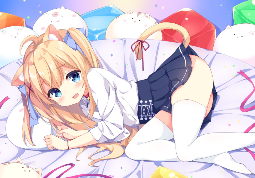 1girl :d ahoge animal_ear_fluff animal_ears bangs bell bell_collar blonde_hair blue_eyes blue_nails blue_skirt blush bow cat_ears cat_girl cat_tail collar commentary_request eyebrows_visible_through_hair fang feet_out_of_frame fingernails hair_between_eyes hair_bow high-waist_skirt highres jingle_bell long_hair long_sleeves looking_at_viewer lying mimura_zaja nail_polish no_shoes on_side open_mouth original pillow pleated_skirt purple_bow red_collar ribbon shirt skirt smile solo tail tail_ribbon thigh-highs two_side_up very_long_hair white_legwear white_shirt