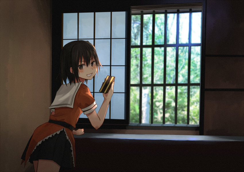 1girl annin_musou black_gloves black_skirt brown_eyes brown_hair commentary_request cowboy_shot food from_behind gloves grin kantai_collection looking_at_viewer looking_back orange_serafuku orange_skirt pleated_skirt sailor_collar sandwich school_uniform sendai_(kantai_collection) serafuku skirt smile solo two_side_up white_sailor_collar window