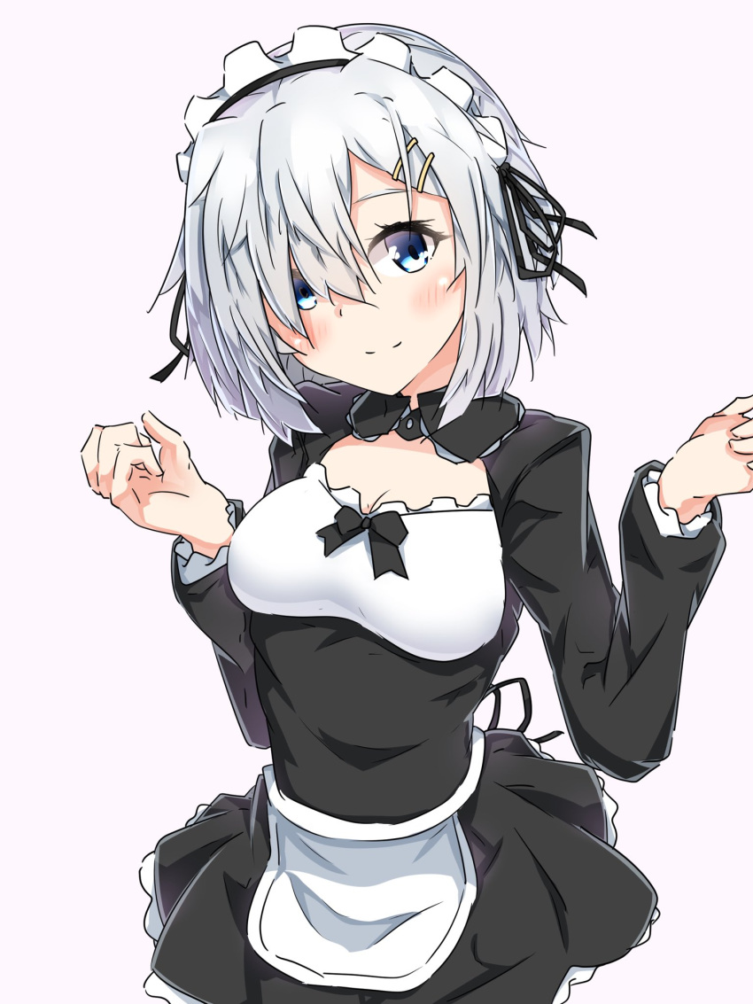 1girl alternate_costume black_dress blue_eyes blush breasts cleavage dress enmaided hair_ornament hair_over_one_eye hairclip hamakaze_(kantai_collection) harukawa_(hal501) highres kantai_collection long_sleeves looking_at_viewer maid maid_dress maid_headdress medium_breasts messy_hair short_hair silver_hair simple_background smile solo upper_body white_background