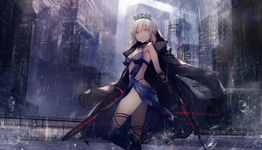 1girl armpits artoria_pendragon_(all) bangs bare_arms black_coat black_dress black_gloves black_legwear blonde_hair braid breasts city city_lights cityscape cleavage coat commentary_request crown dress dual_wielding fate/grand_order fate_(series) feet_out_of_frame gloves grey_sky highleg highleg_panties highres holding holding_sword holding_weapon jacket_on_shoulders light_smile long_sleeves looking_at_viewer navel_cutout negative_space open_clothes open_coat outdoors panties parted_lips pelvic_curtain railing rain saber_alter short_hair sleeveless sleeveless_dress small_breasts solo standing standing_on_one_leg sword thigh-highs thighs thkani underwear water weapon yellow_eyes