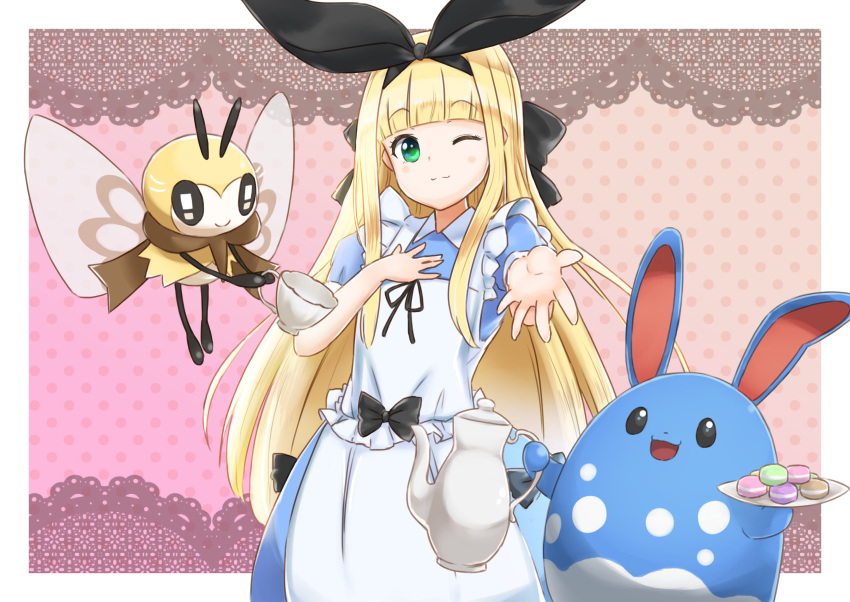 1girl :d ;) absurdres apron azumarill bad_hand bangs black_bow blonde_hair blunt_bangs blush bow creatures_(company) cup dotted_background food game_freak gen_2_pokemon gen_7_pokemon green_eyes hair_bow hand_out highres long_hair macaron minatototon1020 mononobe_alice nijisanji nintendo one_eye_closed open_mouth plate pokemon pokemon_(creature) purple_background ribombee smile solo standing teacup teapot virtual_youtuber