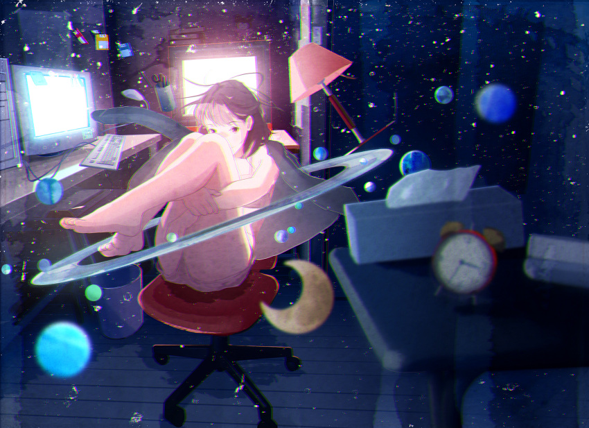 1girl alarm_clock barefoot blurry book bra brown_eyes brown_hair chair clock crescent_moon dark floating floating_hair floppy_disk highres indoors jacket_on_shoulders keyboard_(computer) lamp leg_hug light_particles looking_at_viewer midriff monitor moon nakamura_yukihiro original panties planet planetary_ring scenery scissors screen_light short_hair sitting smile solo space star_(sky) sunlight surreal table tissue_box trash_can underwear window wooden_floor