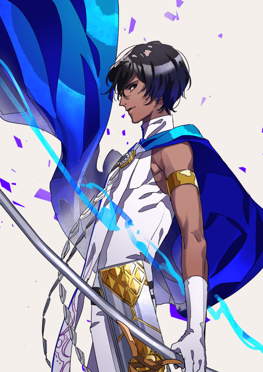 1boy arjuna_(fate/grand_order) armlet blue_cape brown_eyes brown_hair cape commentary_request dark_skin dark_skinned_male fate/grand_order fate_(series) from_side gloves gold_trim grey_background highres holding holding_sword holding_weapon indian_clothes looking_at_viewer looking_to_the_side male_focus profile shirt simple_background sleeveless sleeveless_shirt smile solo standing sword tenobe weapon white_gloves white_shirt
