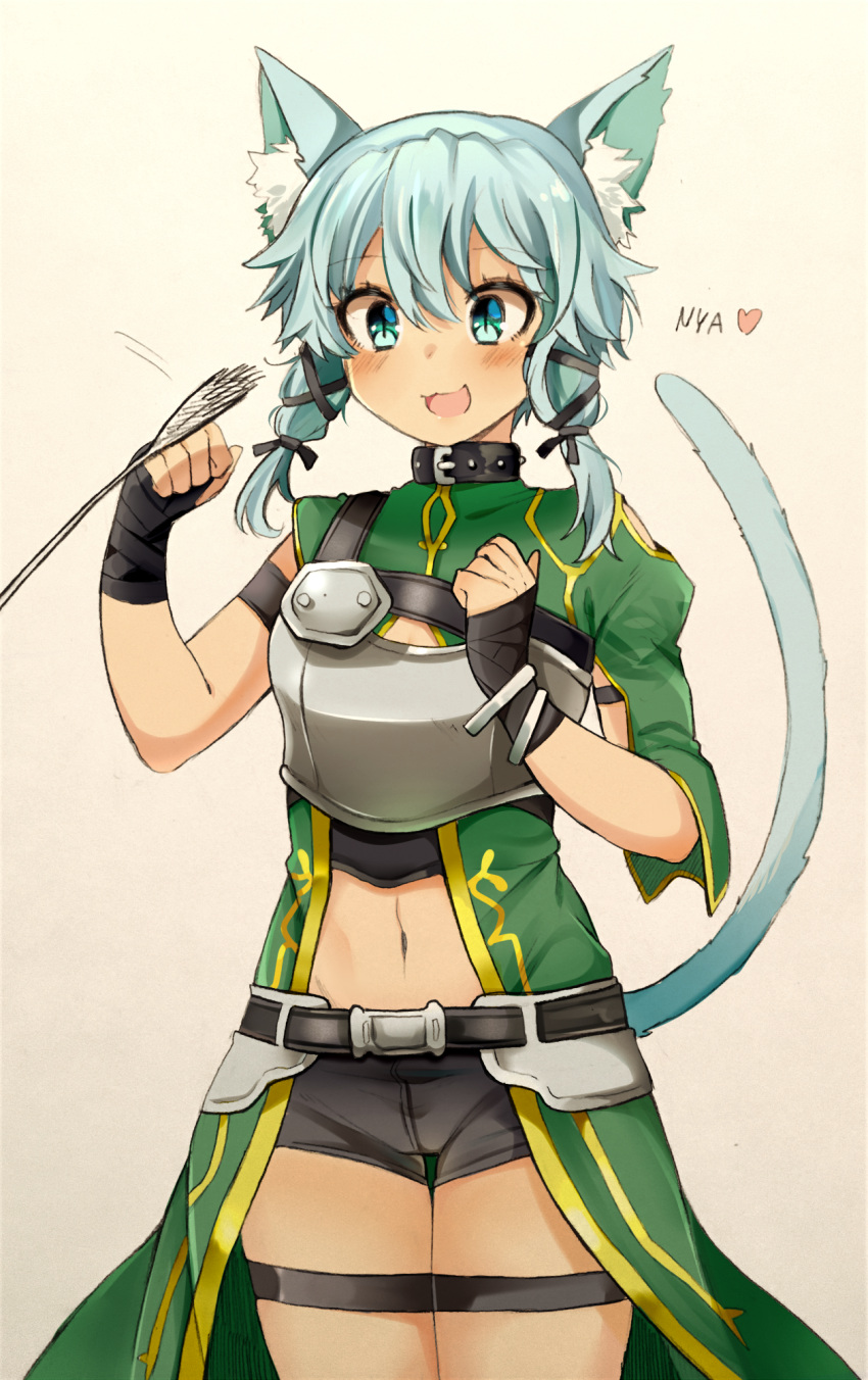 1girl :3 animal_ears armor bangs belt blue_eyes blue_hair blush cat_ears cat_tail drawfag hair_between_eyes hair_ornament highres navel open_mouth paw_pose simple_background sinon sinon_(sao-alo) smile solo sword_art_online tail