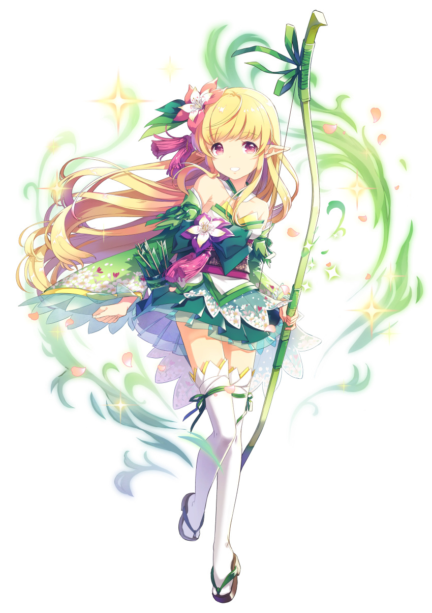 1girl absurdres arrow bare_shoulders blonde_hair boots bow_(weapon) breasts clenched_hand detached_collar elf floral_print flower full_body green_skirt hair_flower hair_ornament highres knee_boots long_hair looking_at_viewer obi official_art parted_lips pointy_ears quiver sandals sash sidelocks skirt small_breasts solo standing tassel teria_saga weapon white_background white_footwear wide_sleeves yuri_(teria_saga)