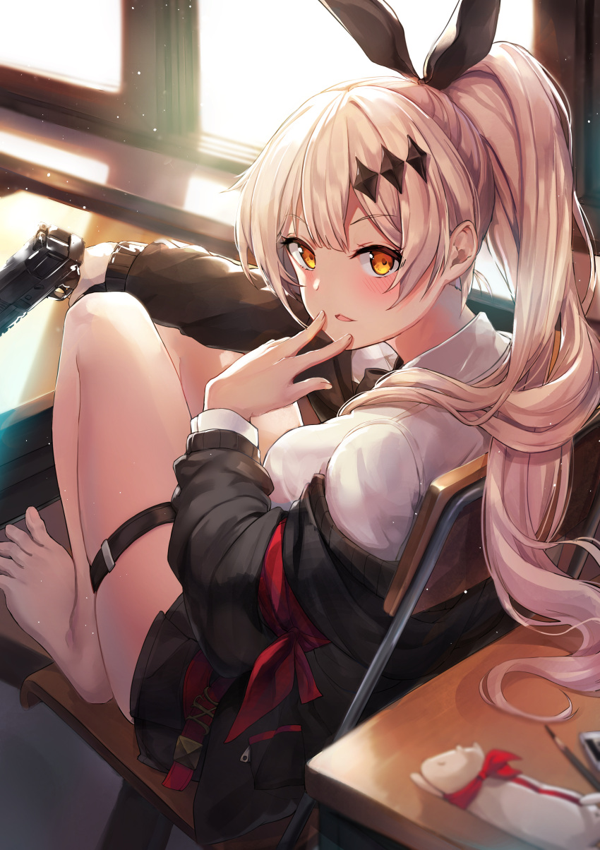1girl absurdres bada_(jksh5056) bangs barefoot black_cardigan black_ribbon black_skirt blonde_hair blush breasts brown_eyes cardigan chair commentary day desk eraser eyebrows_visible_through_hair fingernails five-seven_(girls_frontline) five-seven_(gun) girls_frontline gun hair_between_eyes hair_ornament hair_ribbon hand_up handgun high_ponytail highres holding holding_gun holding_weapon indoors knees_up long_hair long_sleeves looking_at_viewer looking_to_the_side medium_breasts object_namesake off_shoulder on_chair parted_lips pen pistol pleated_skirt ponytail ribbon school_chair school_desk school_uniform shirt sitting skirt solo sunlight toenails very_long_hair weapon white_shirt window