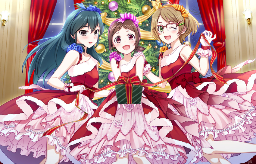 3girls bangs beads blush breasts brown_eyes brown_hair character_request christmas dress dress_bow eyebrows_visible_through_hair flower garland_(decoration) gift giving glasses gloves green_eyes hairband light long_hair looking_at_viewer medium_breasts mikapoe mole multiple_girls one_eye_closed open_mouth ornament red_curtains red_dress red_eyes ribbon rose short_hair signature snow wall_lamp window