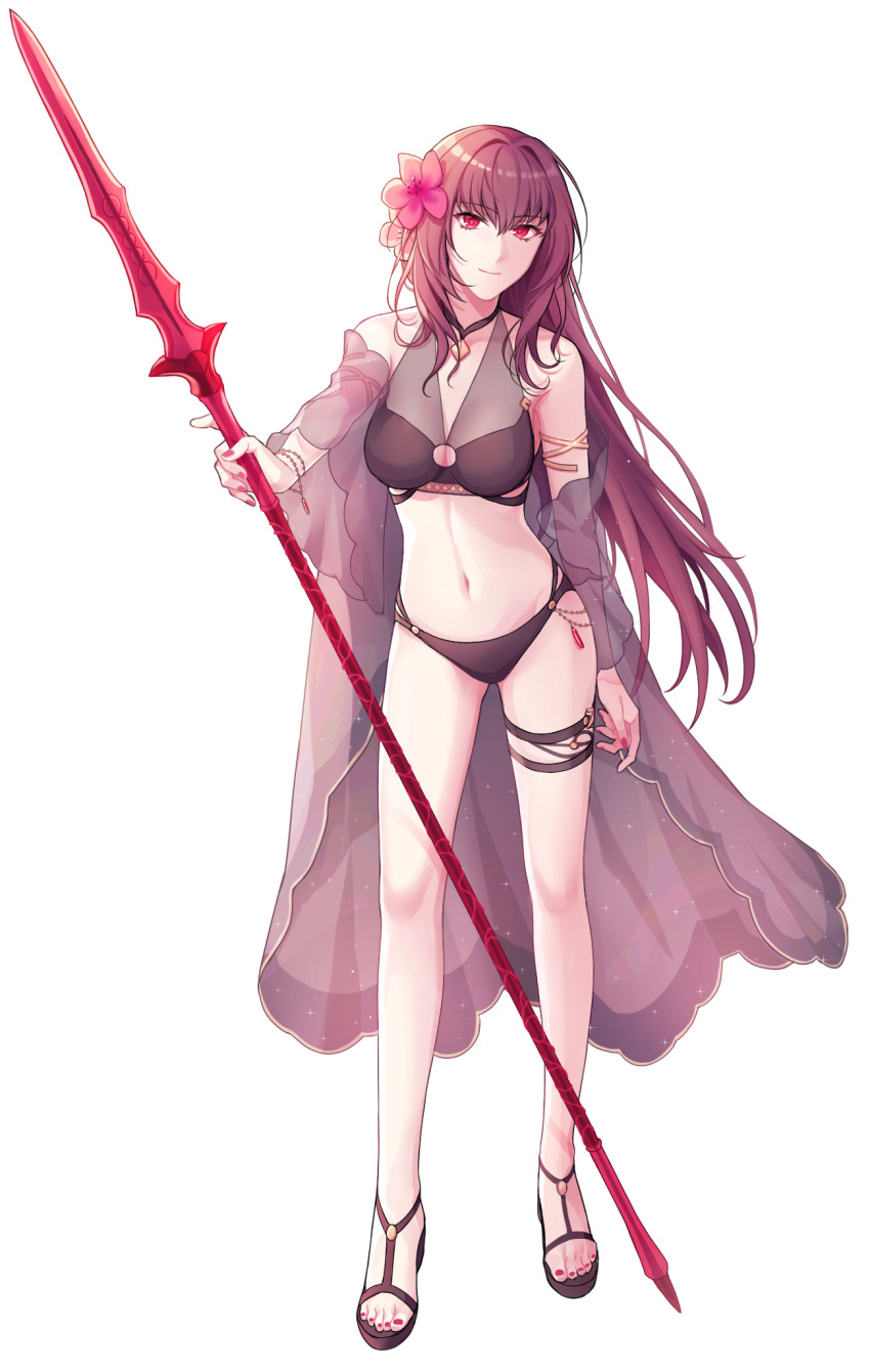 1girl alternate_costume armlet bare_legs bikini black_bikini black_cape black_footwear cape closed_mouth fate/grand_order fate_(series) fingernails flower full_body gae_bolg hair_flower hair_intakes hair_ornament highres holding holding_spear holding_weapon long_hair looking_at_viewer mikkat nail_polish pink_nails polearm purple_hair red_eyes sandals scathach_(fate)_(all) scathach_(fate/grand_order) see-through simple_background smile solo spear standing swimsuit toenails weapon white_background