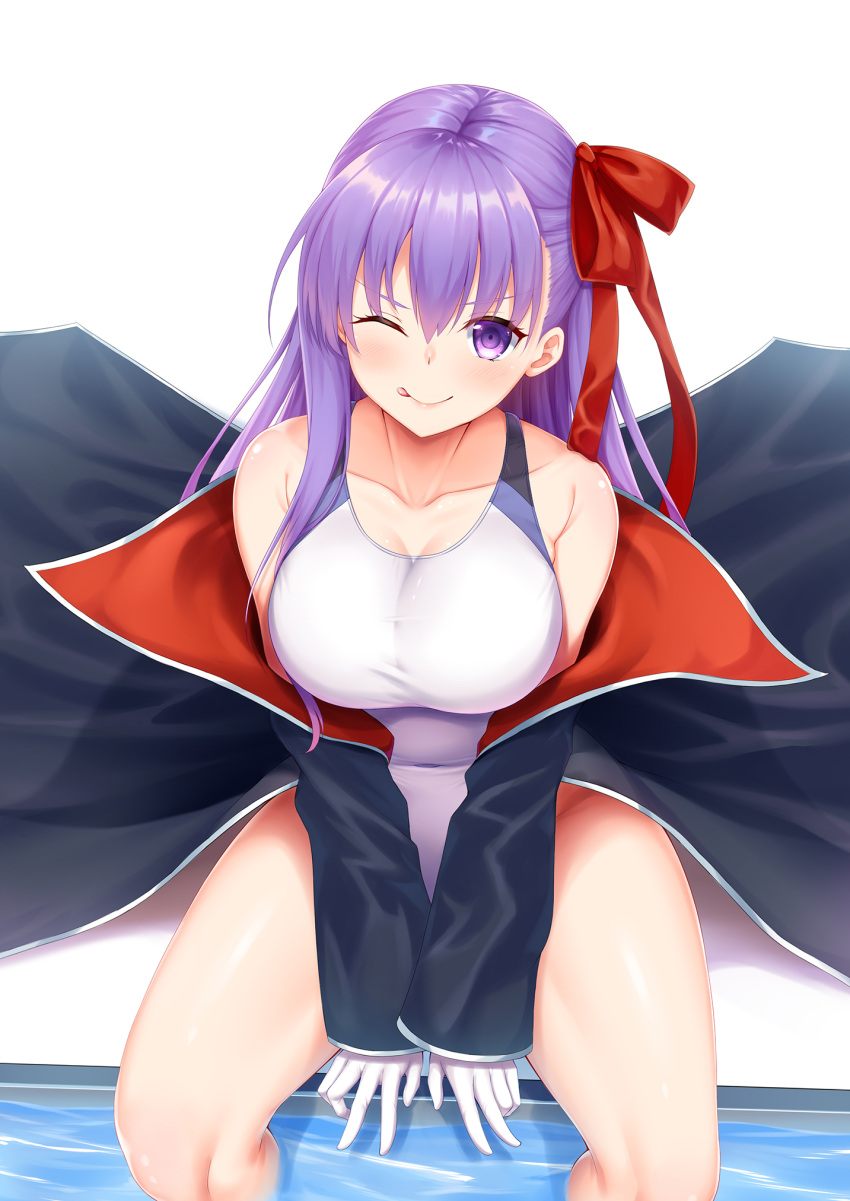 1girl ;p bangs bare_shoulders bb_(fate)_(all) bb_(swimsuit_mooncancer)_(fate) black_jacket blush bow breasts collarbone commentary_request competition_swimsuit covered_navel eyebrows_visible_through_hair fate/grand_order fate_(series) gloves hair_between_eyes hair_bow head_tilt highres jacket large_breasts long_hair long_sleeves looking_at_viewer one-piece_swimsuit one_eye_closed purple_hair red_bow sitting sleeves_past_wrists solo swimsuit tongue tongue_out v_arms very_long_hair violet_eyes water white_background white_gloves white_swimsuit zuizhong