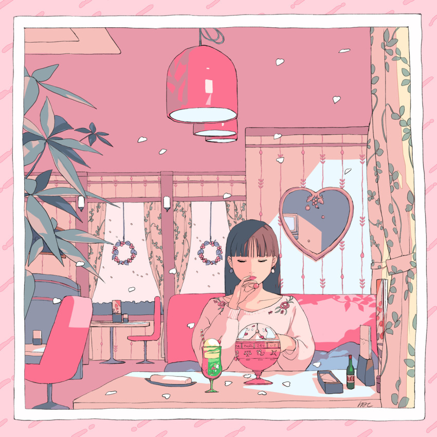 1girl aorkgk bangs black_hair blunt_bangs cafe chair cherry_blossoms closed_eyes collarbone cup drink drinking_glass drinking_straw earrings food fruit heart highres holding ice indoors jewelry leaf long_hair long_sleeves mirror original plant restaurant sitting solo spring_(season) table window wreath