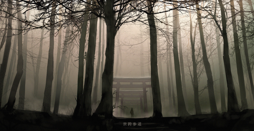 1girl commentary_request dark fog forest izna_(iznatic) nature original outdoors scenery short_hair solo standing torii translation_request