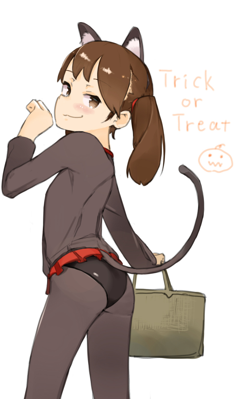 1girl :3 absurdres animal_ear_fluff animal_ears arched_back ass back bangs brown_eyes brown_hair cat_ears cat_girl cat_tail character_request closed_mouth co_botan commentary_request fake_animal_ears fake_tail feet_out_of_frame half-closed_eyes halloween halloween_costume highres holding jack-o'-lantern kantai_collection long_sleeves looking_at_viewer paw_pose petite sideways_mouth simple_background sketch smirk solo tail tail_raised trick_or_treat twintails white_background