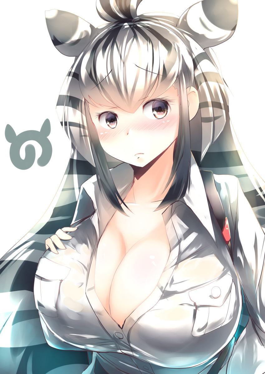 1girl absurdres alternate_breast_size animal_ears bangs black_eyes black_hair blush breast_pocket breasts chapman's_zebra_(kemono_friends) cleavage commentary_request extra_ears eyebrows_visible_through_hair highres huge_breasts japari_symbol kanzakietc kemono_friends long_hair looking_at_viewer multicolored_hair pocket simple_background solo two-tone_hair upper_body white_background white_hair zebra_ears